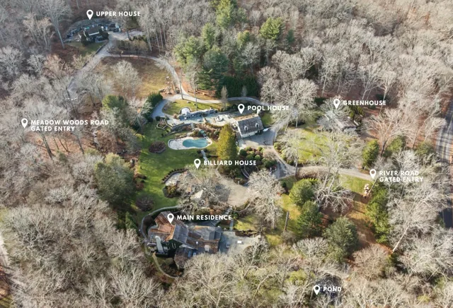 Aerial view of the estate with labeled buildings and grounds — Deep River, CT residence