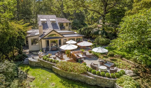 Garden terrace with outdoor dining beside the residence — Deep River, CT residence