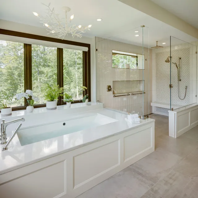 Primary bath with a tub and shower — Hunter, NY residence